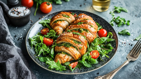 An appetizing croissant filled with herbs, served on a bed of fresh greens with cherry tomatoes, creating a vibrant and delightful meal presentation.の素材