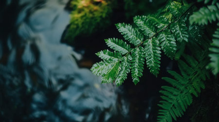 A close-up view of lush fern leaves against a serene water surface, showcasing vibrant green hues and tranquil reflections, perfect for nature themes.の素材