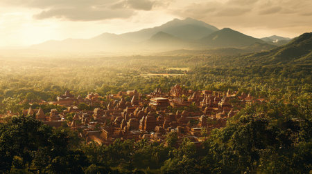 Experience the breathtaking view of an ancient city nestled in a lush valley, framed by majestic mountains and bathed in warm sunlight.の素材