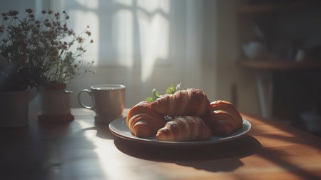 A serene breakfast setting featuring warm croissants on a wooden table, accompanied by a cup of coffee. Soft sunlight filters through white curtains, creating a cozy ambiance.の素材