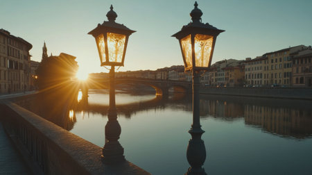 A tranquil sunset casts golden hues over a city river, framed by elegant lanterns. This picturesque scene captures the charm and beauty of urban life at dusk.の素材
