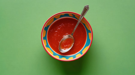 A vibrant red soup served in a colorful bowl, accompanied by a shiny spoon, creates an inviting scene on a bright green background. Perfect for food photography.の素材