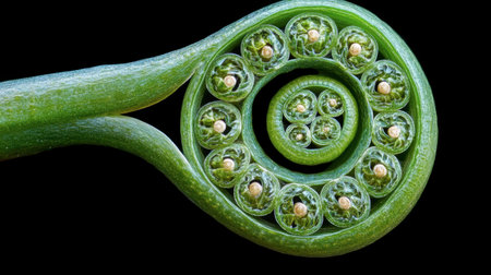 A close-up view of a spiral fern leaf, showcasing its intricate details and vibrant green color against a black background, perfect for nature lovers.の素材