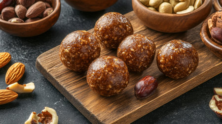 Assorted energy bites made from nuts and fruits arranged on a wooden board. Perfect for a healthy snack or dessert option, these bites offer nutrition and flavor.の素材