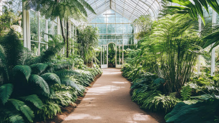 A stunning view of a lush greenhouse pathway filled with vibrant tropical plants and lush ferns. This serene indoor environment invites exploration and relaxation.の素材