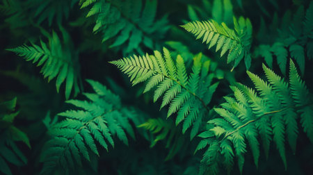 A vibrant close-up of lush green fern leaves showcasing intricate textures and patterns. Perfect for nature-themed projects or backgrounds.の素材