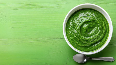 A vibrant bowl of creamy green spinach soup showcases a rich texture. Perfect for healthy meals, this image highlights freshness and a wholesome lifestyle.の素材