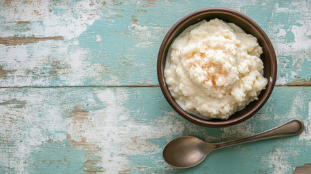 A rustic bowl filled with creamy cottage cheese sits on a weathered wooden table. This healthy snack showcases a rich, white texture perfect for breakfast or dessert.の素材