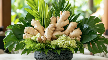 A stunning floral arrangement featuring fresh ginger roots surrounded by vibrant tropical leaves. Perfect for enhancing kitchen decor or event table settings.の素材