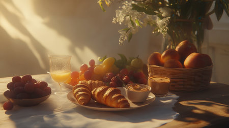 A beautifully arranged breakfast featuring croissants, fresh fruits, and a glass of juice, illuminated by warm sunlight. Perfect for a serene morning setting.の素材