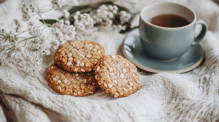 A delightful scene featuring oatmeal cookies beside a steaming cup of tea, surrounded by soft fabric and delicate floral accents, perfect for a cozy afternoon.の素材