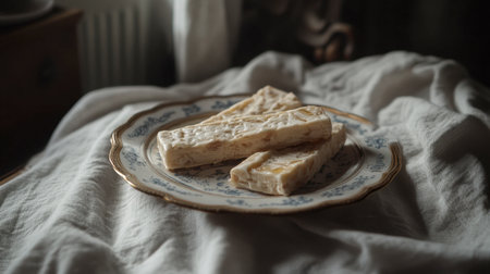 A beautiful presentation of traditional almond nougat on an elegant plate. This sweet treat embodies natural flavors and rustic charm, perfect for any occasion.の素材