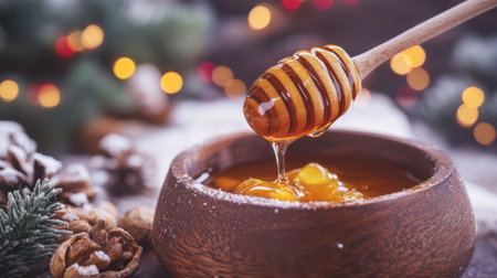 A close-up of honey dripping from a wooden dipper into a rustic bowl, creating a warm and inviting atmosphere perfect for seasonal gatherings.の素材