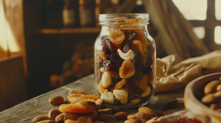 A beautifully arranged glass jar filled with assorted dried fruits and nuts, set on a rustic table. Perfect for healthy snacking and food styling.の素材
