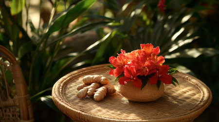 A beautiful arrangement of vibrant flowers sits on a rustic table, surrounded by lush greenery. This image captures tranquility and natural beauty in a serene setting.の素材