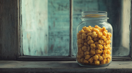 A rustic glass jar filled with bright yellow snacks sits on a windowsill, showcasing colorful texture and inviting warmth in a cozy indoor setting.の素材