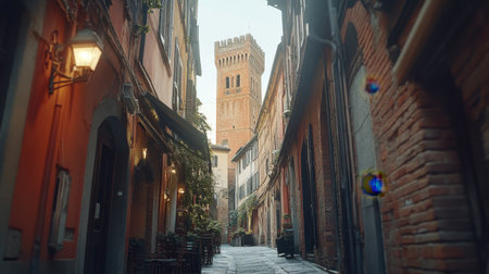 A tranquil narrow street featuring a towering historical building, surrounded by charming architecture and inviting light. Perfect for travel and heritage themes.の素材