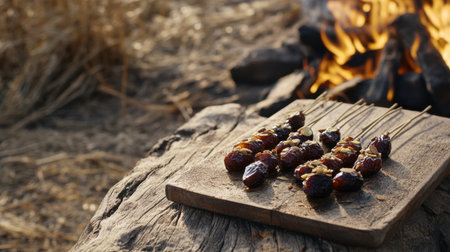 Enjoy the sight of grilled skewers cooked over an open fire on a rustic cutting board. This outdoor dining scene evokes warm summer gatherings with delicious flavors.の素材