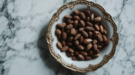 A decorative bowl filled with nuts placed on a marble surface offers a rustic yet elegant look. Perfect for food styling and culinary scenes.の素材