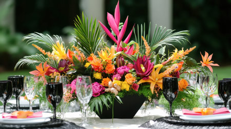 A stunning floral centerpiece featuring bright tropical flowers and lush greenery, perfect for enhancing an elegant table setting at any special event.の素材