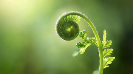 A close-up of a curled fern frond illuminated by soft natural light, showcasing intricate details and textures. Perfect for nature and growth themes.の素材