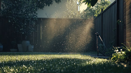 A tranquil backyard scene featuring a dewy lawn illuminated by morning light, with a water sprinkler creating a misty atmosphere, perfect for nature lovers.の素材