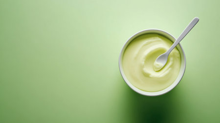 A creamy green dessert sits elegantly in a white bowl with a spoon, against a soft green background. This minimalist presentation evokes freshness and indulgence.の素材
