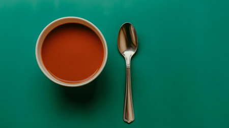 A warm bowl of tomato soup served with a silver spoon on a colorful table. This image captures comfort food at its finest, inviting and appetizing.の素材