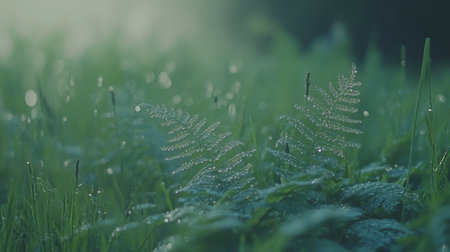 Captivating close-up of dewy ferns illuminated by soft morning light. This serene composition evokes freshness and tranquility in nature. Perfect for nature-themed projects.の素材