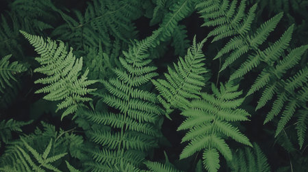 A captivating close-up of lush green fern leaves, showcasing their intricate textures and vibrant colors. Ideal for nature and botanical themes.の素材