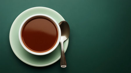 A simple yet elegant cup of coffee sits on a saucer, accompanied by a spoon. The rich brown color contrasts beautifully against a green backdrop, perfect for calm moments.の素材