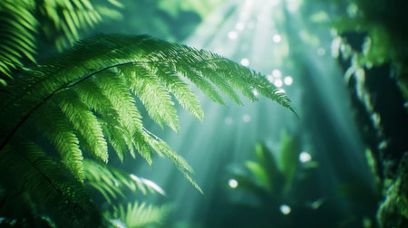 Discover the serene beauty of sunlight filtering through lush green ferns in a tranquil forest setting, perfect for nature-themed projects.の素材