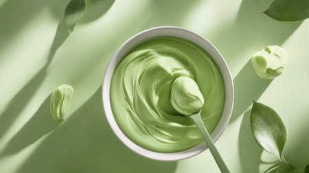 A vibrant green dessert in a bowl with a spoon, surrounded by leaves on a fresh green backdrop. Perfect for culinary projects and healthy eating themes.の素材