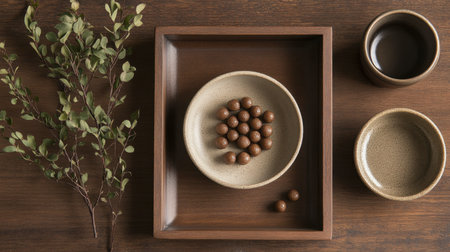 This image features a rustic wooden table showcasing simple dish arrangements, highlighting natural elements and earthy tones, creating a serene atmosphere.の素材