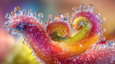 Beautiful macro shot of vibrant water droplets on a colorful leaf. This stunning image showcases intricate details and textures found in nature.の素材