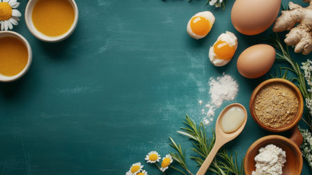 A vibrant arrangement of fresh ingredients including eggs, flour, and ginger for a culinary project, perfect for recipe preparation and cooking inspiration.の素材