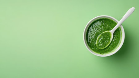A vibrant green sauce displayed in a white bowl, perfect for showcasing fresh ingredients. Ideal for food photography, cooking blogs, and culinary presentations.の素材