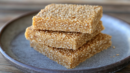 Discover a beautifully crafted sesame snack bar, showcasing a natural golden color and texture. Perfect for a healthy treat or energy boost.の素材