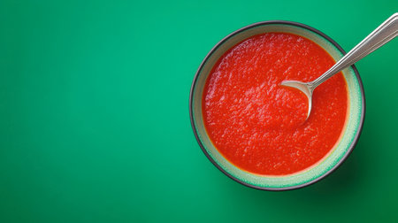 A vibrant bowl of fresh tomato soup rests on a green surface. Equipped with a spoon, this colorful dish is perfect for showcasing comfort food and culinary creativity.の素材