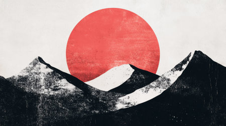 A stunning minimalist illustration featuring majestic mountains silhouetted against a large red sun, creating a serene and tranquil landscape. Perfect for artistic projects.の素材