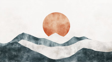 This abstract landscape features a stylized sun rising behind layered mountains. The warm and cool colors create a serene and peaceful atmosphere, ideal for modern decor.の素材