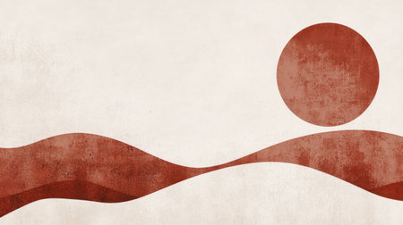 A serene minimalist design featuring a warm-toned sun and smooth waves. Ideal for backgrounds, art projects, and calming aesthetics. Perfect for various creative uses.の素材