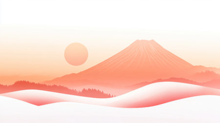 Experience a tranquil sunset scene featuring Mount Fuji, with soft gradients of red and white. This minimalist landscape evokes peace and serenity.の素材