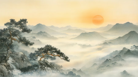 Beautiful mountain landscape capturing the serene essence of sunrise. Fog envelopes the terrain, while majestic trees rise against a soft sky, evoking tranquility.の素材