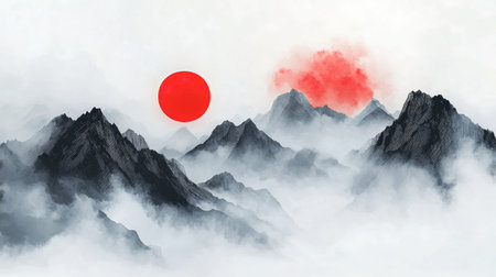This artwork features a tranquil mountain landscape under a vivid red sun, enveloped in mist and clouds. The serene scene evokes a sense of peace and contemplation.の素材
