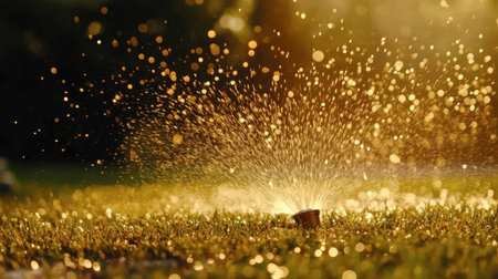 A vibrant scene of a water sprinkler in action, creating a beautiful spray of droplets that glitter in the warm sunlight, perfect for summer themes.の素材