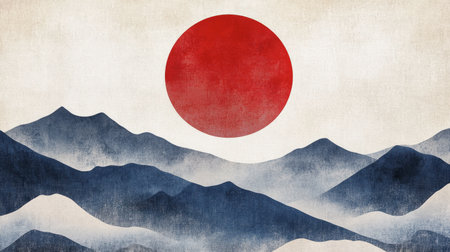 A captivating artistic depiction of red sun rising over soft blue mountains, capturing tranquility and beauty in a serene landscape. Perfect for backgrounds.の素材