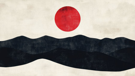 This abstract artwork features a striking red sun above a silhouette of black mountains, creating a minimalist landscape that evokes serenity and beauty.の素材