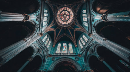 A breathtaking view from below a stunning dome featuring intricate stained glass windows. This image captures the beauty and elegance of architectural design.の素材