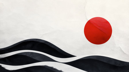An abstract representation of a Japanese landscape featuring a bold red sun and flowing waves, evoking a sense of tranquility and minimalistic beauty.の素材